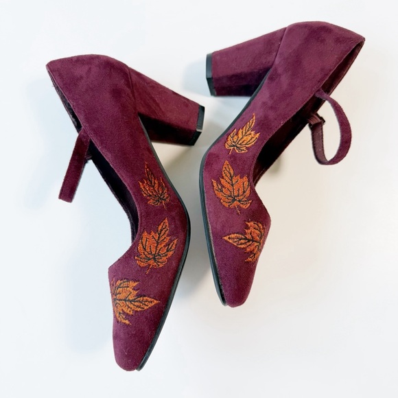 Lulu Hun Women Burgundy Autumn Leaf Embroidery Babydoll Heels US7 Coquette Fairy - Picture 5 of 10